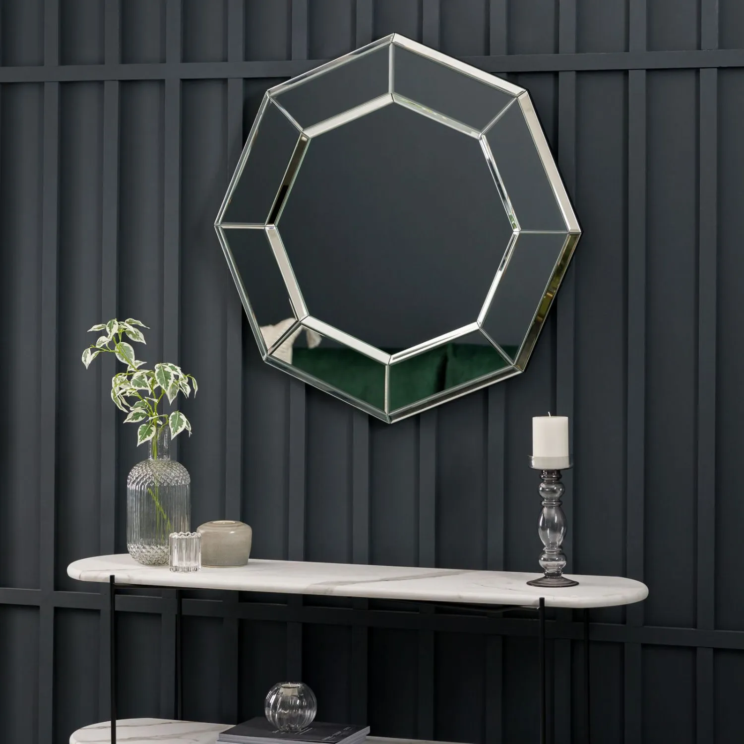 Silver Mirrored Glass Framed Octagon Bevelled Wall Mirror