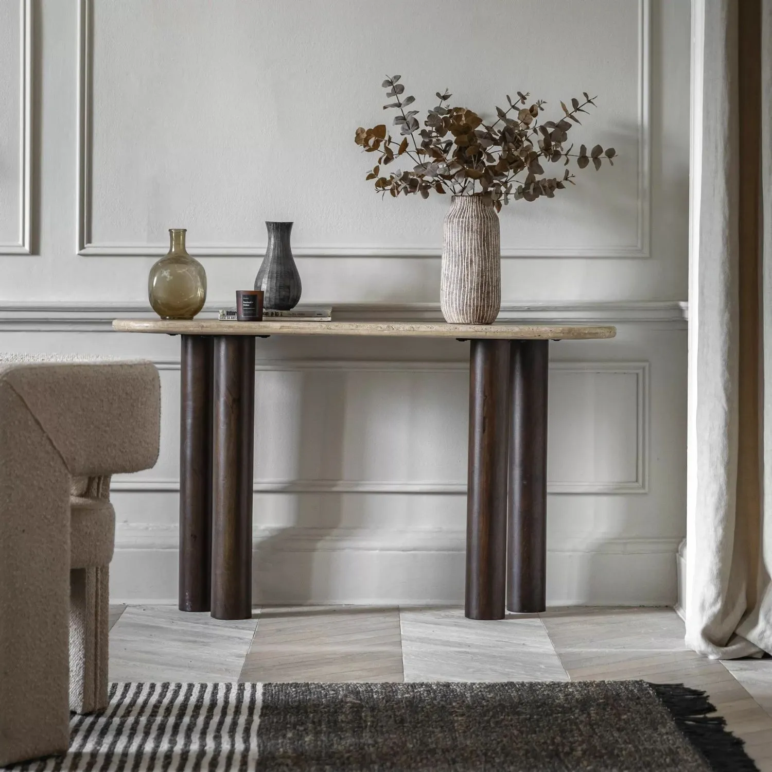 Stone Top Console Table Dark Wood Turned Chunky Legs