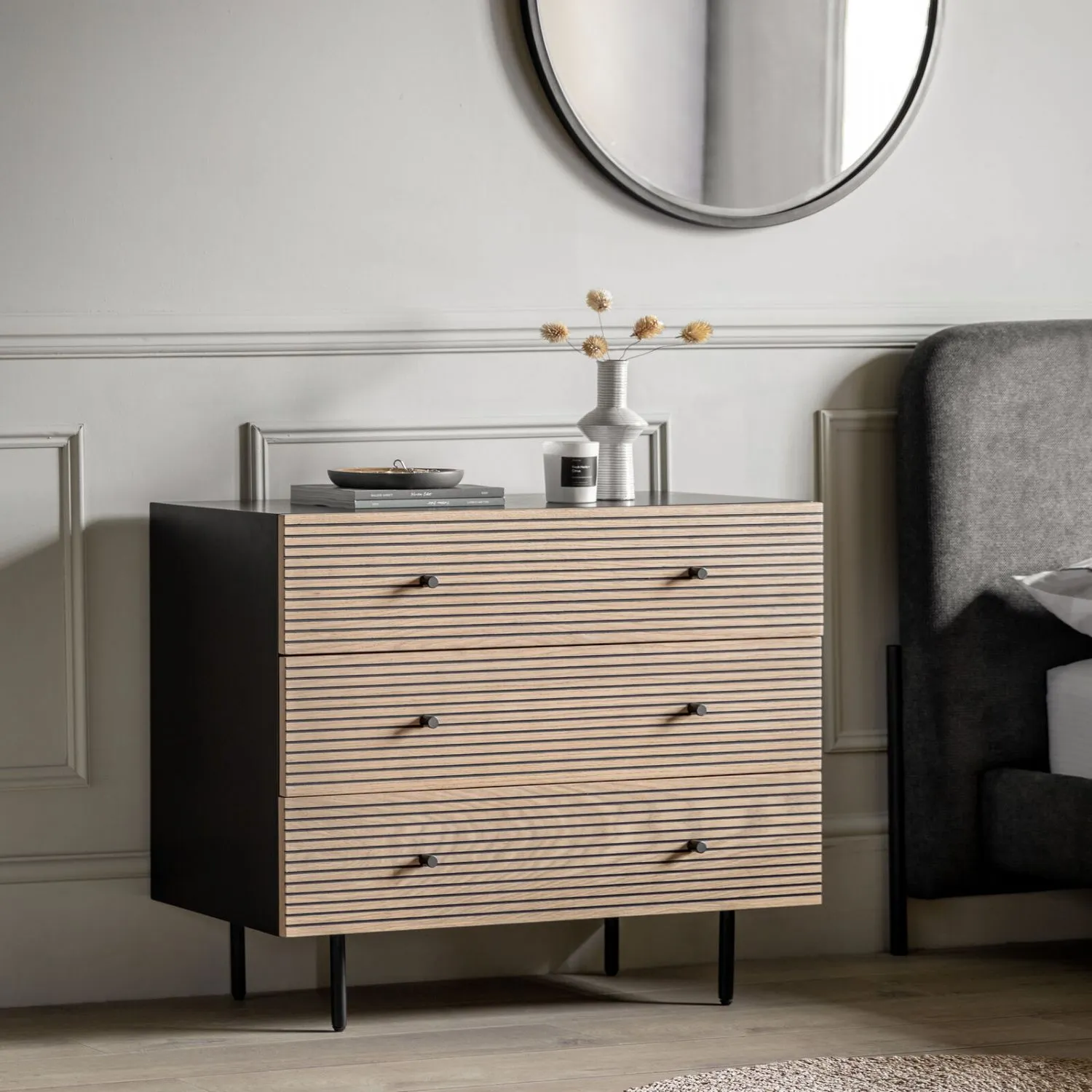 Natural Oak and Black Chest Of 3 Drawers