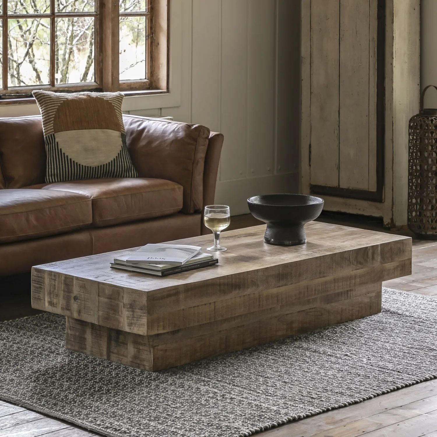 Chunky Rustic Natural Wood Low Rectangular Coffee Table