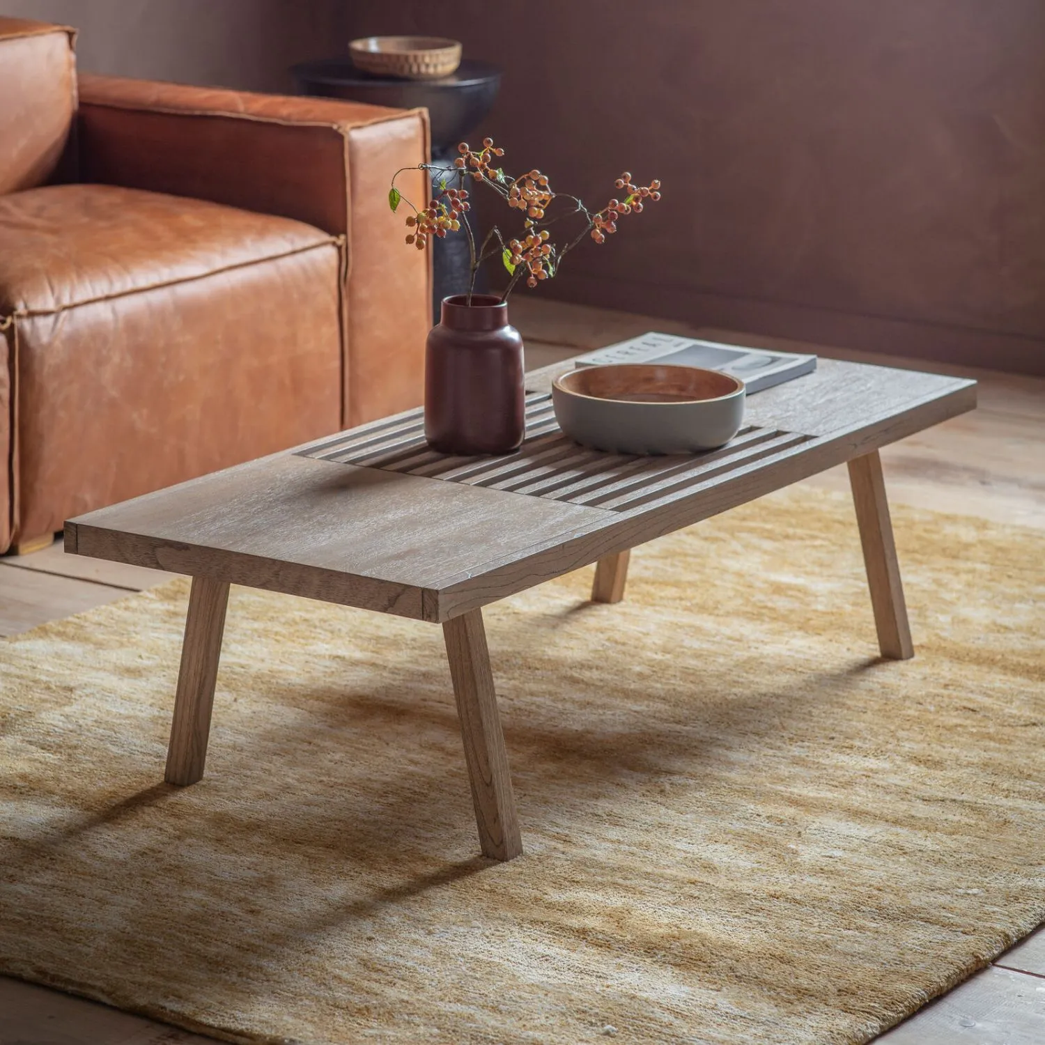 Natural Wooden Top Rectangular Slatted Coffee Table