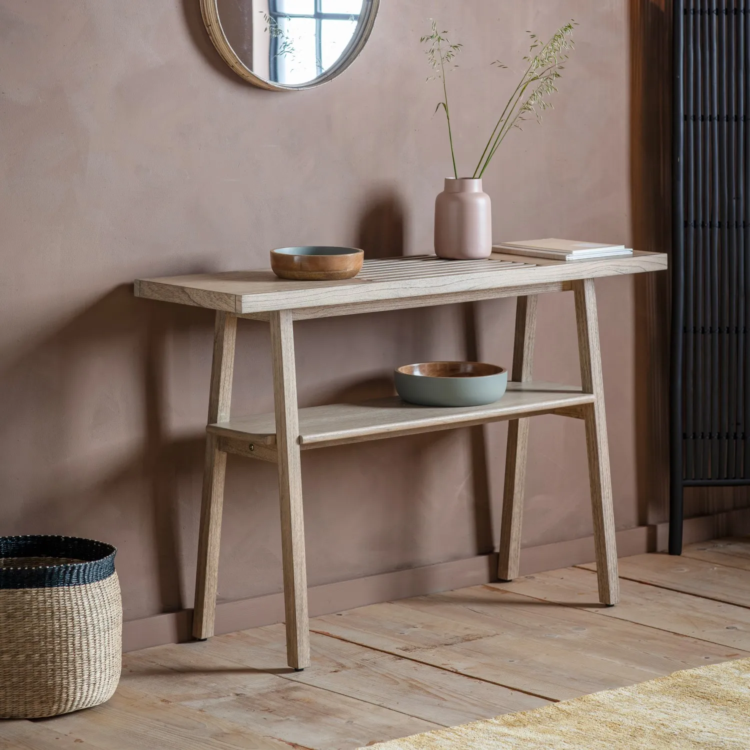 Natural Weathered Finish Wooden Slatted Top Console Hall Table