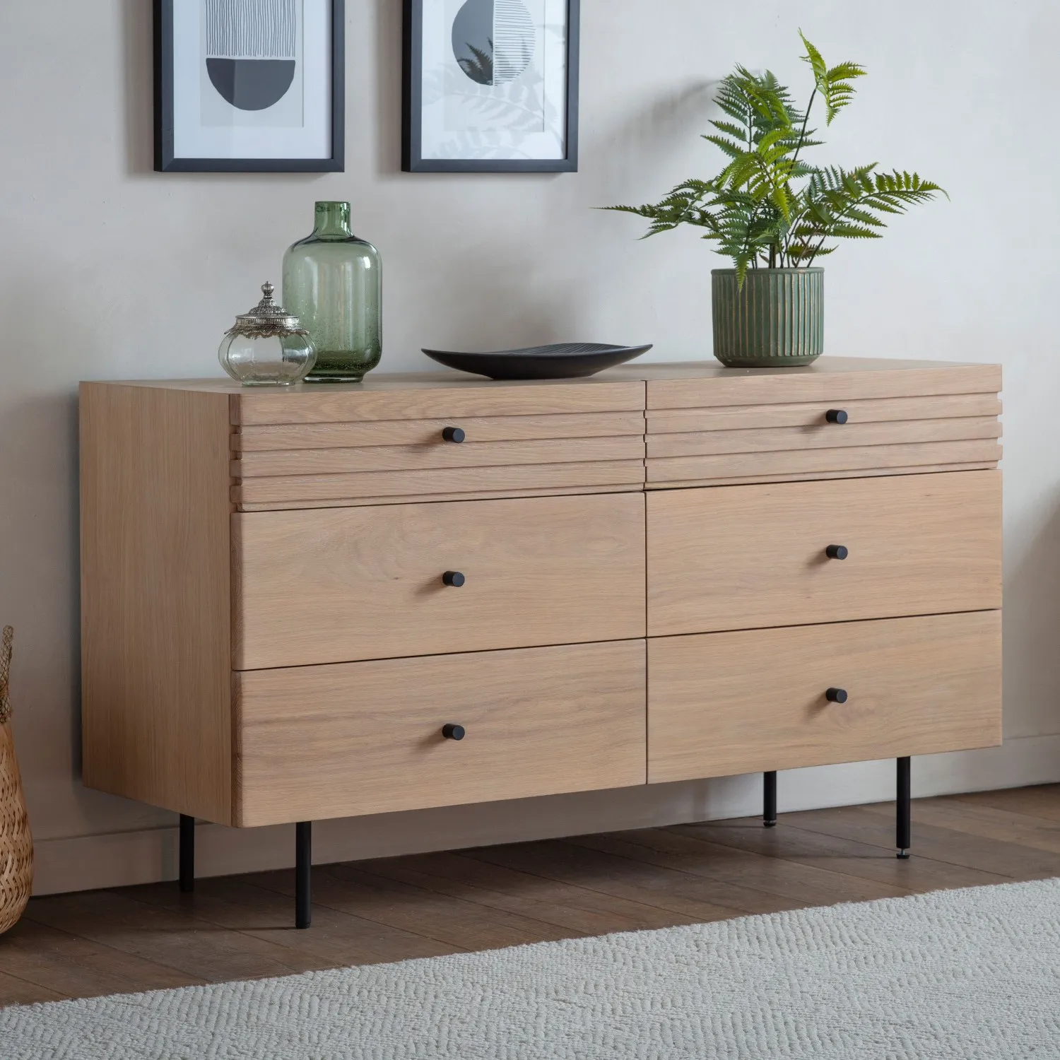 Japandi Grooved Oak Chest of 6 Drawers Black Metal Legs