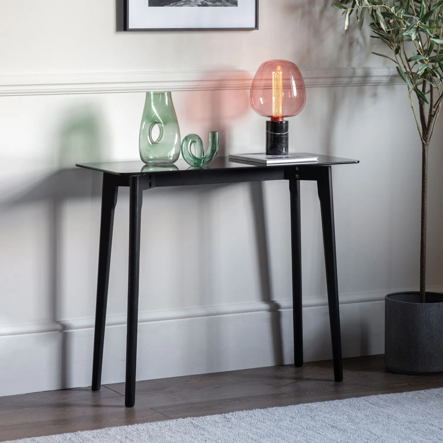 Black Wooden Console Hall Table Smoked Glass Top