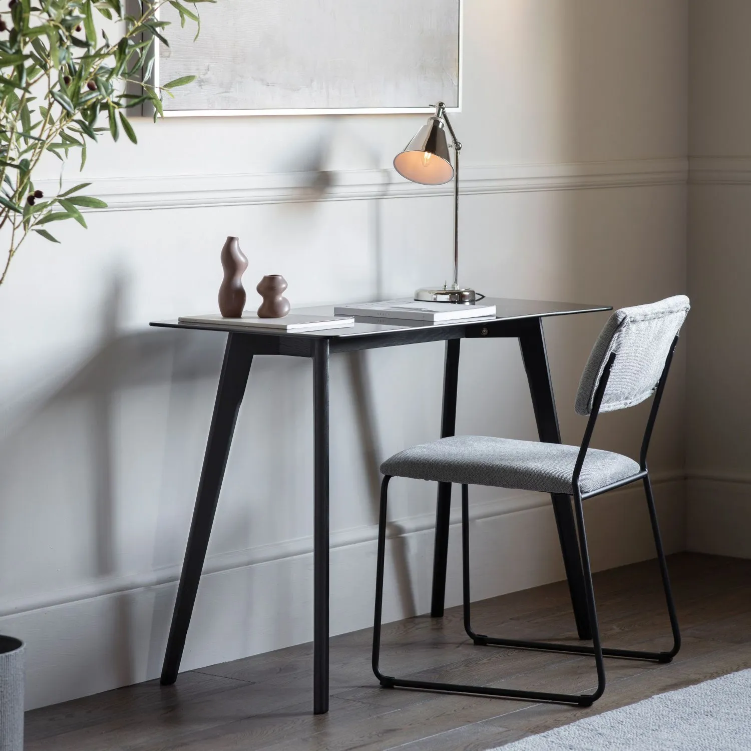 Black Oak Base Writing Desk Smoked Glass Top