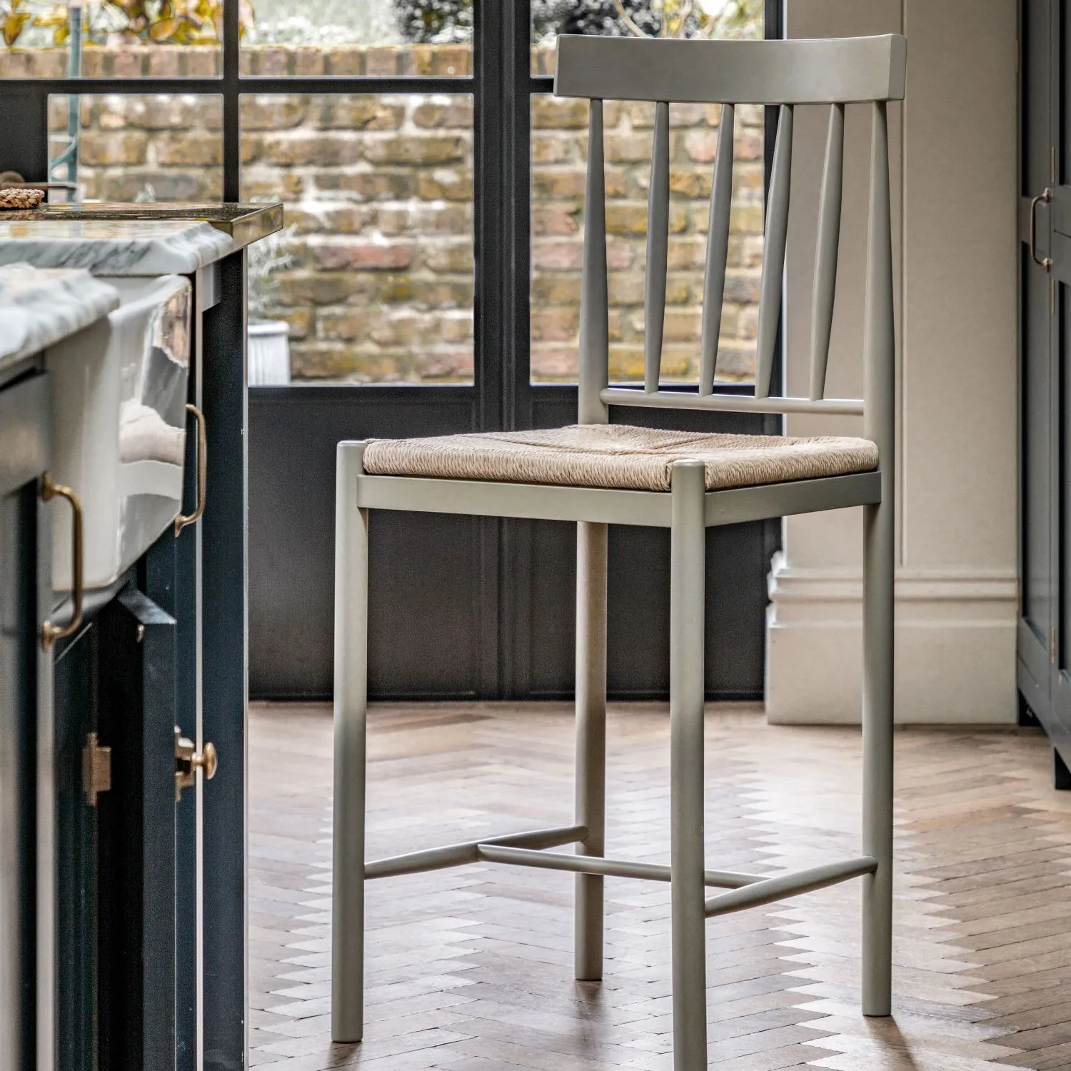 Grey Painted Farmhouse Bar Stool with Hand Woven Rope Seat