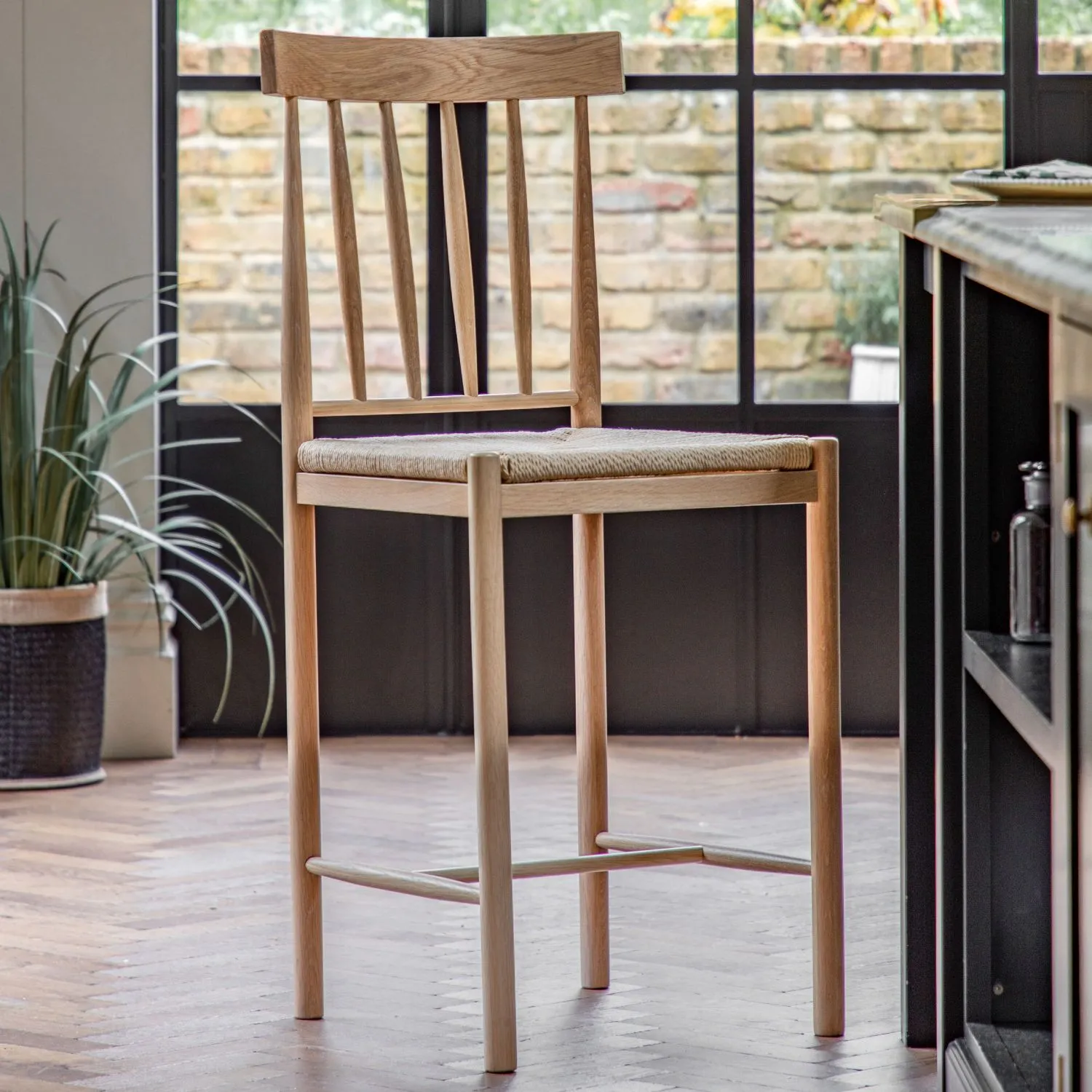 Light Oak Farmhouse Bar Stool with Hand Woven Rope Seat