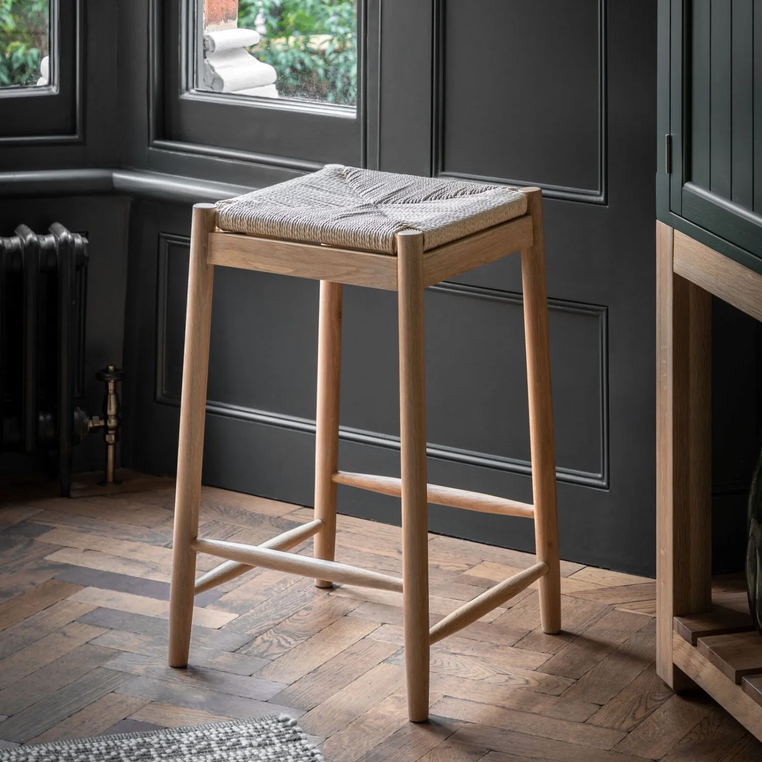 Vintage Natural Oak Wooden Bar Stool with Woven Seat