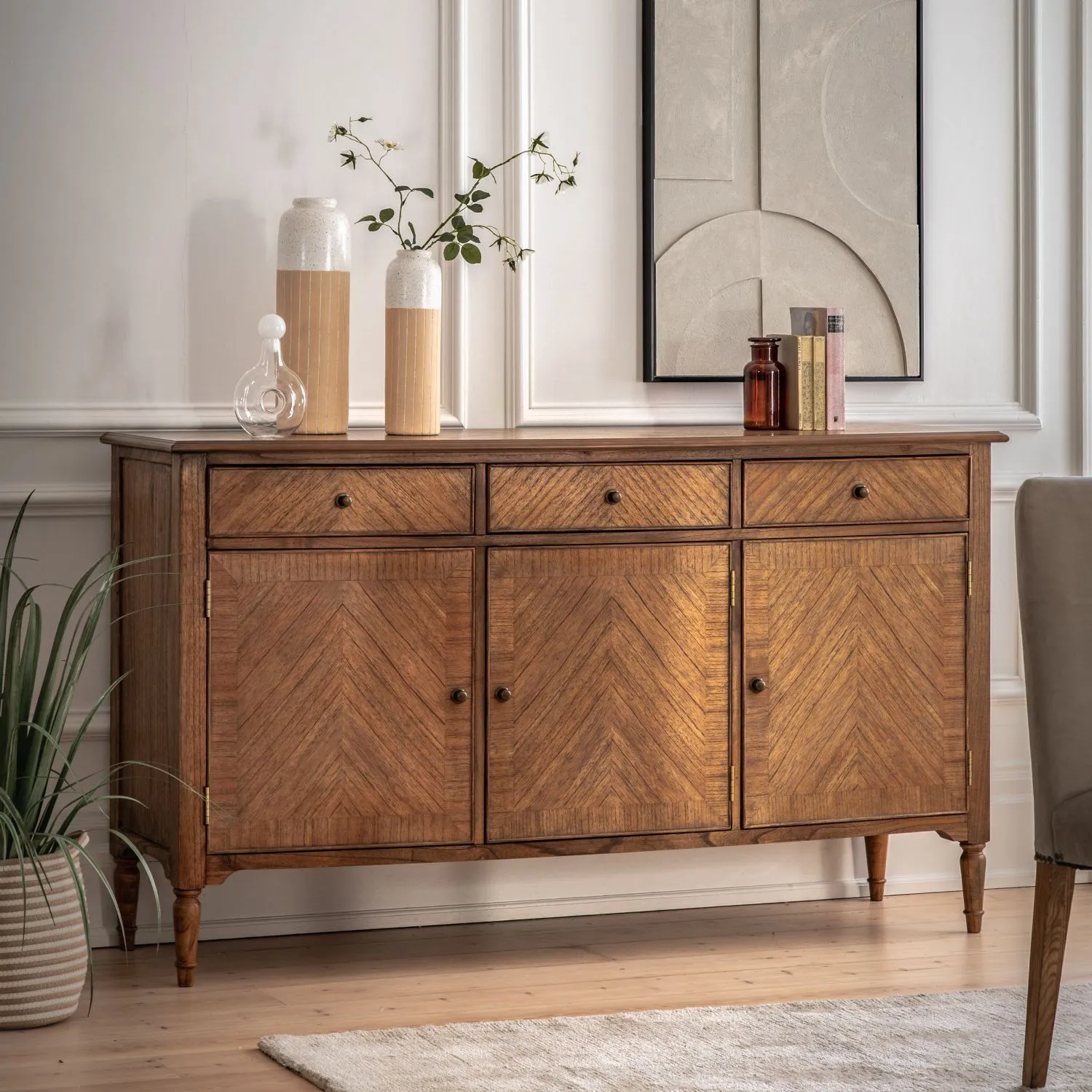 Traditional Light Brown Wood Wide Sideboard 3 Door 3 Drawers