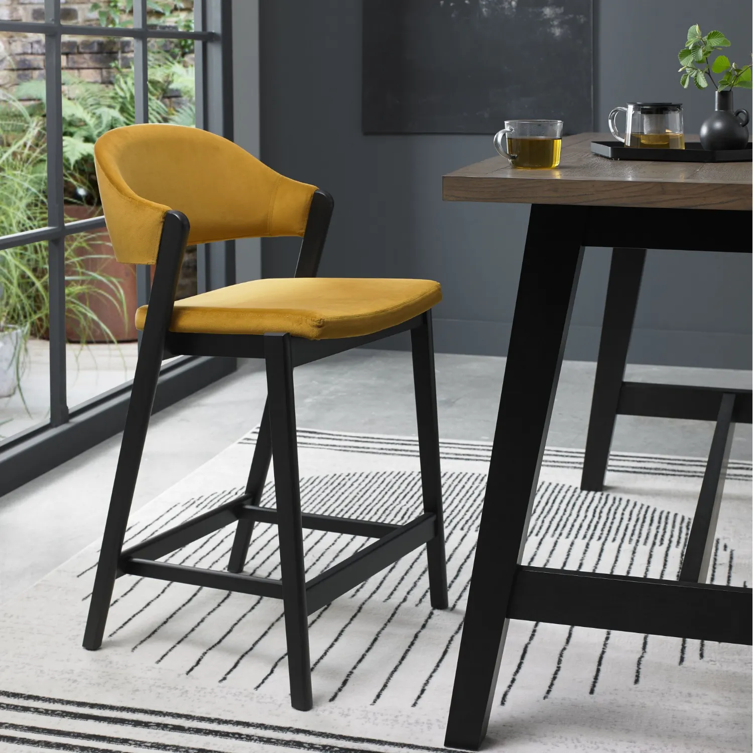 Camden Peppercorn Upholstered Bar Stool in an Mustard Velvet Fabric (Single)