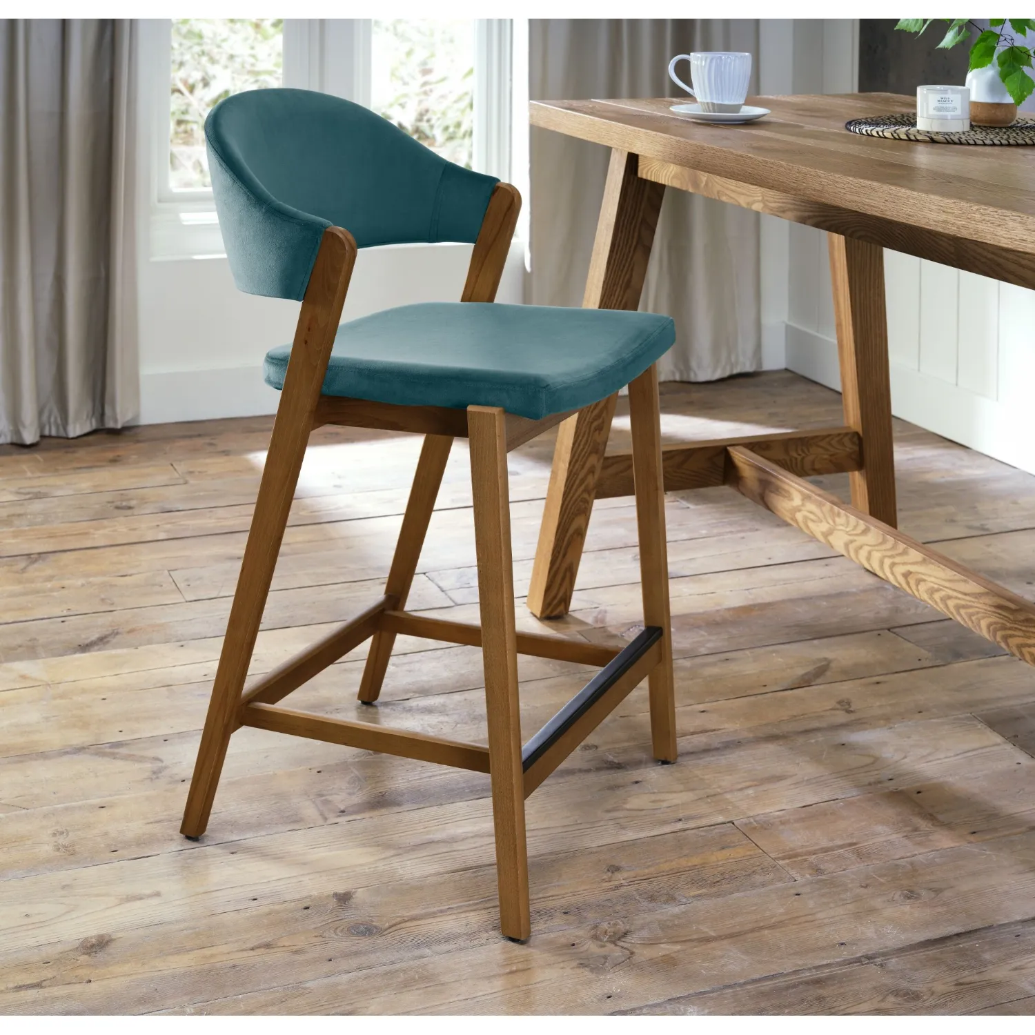 Camden Rustic Oak Upholstered Bar Stool in an Azure Velvet Fabric (Single)