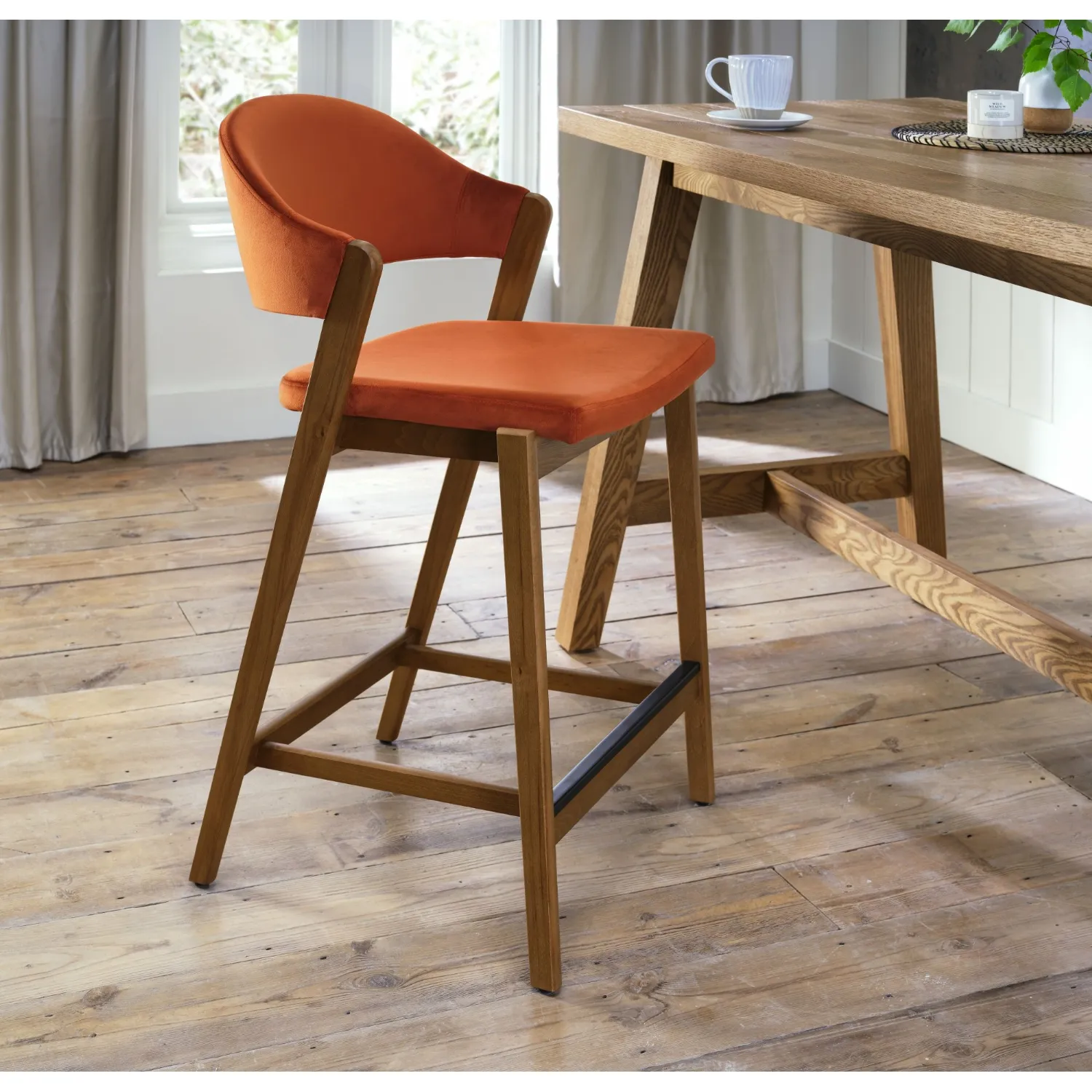 Camden Rustic Oak Upholstered Bar Stool in a Rust Velvet Fabric (Single)