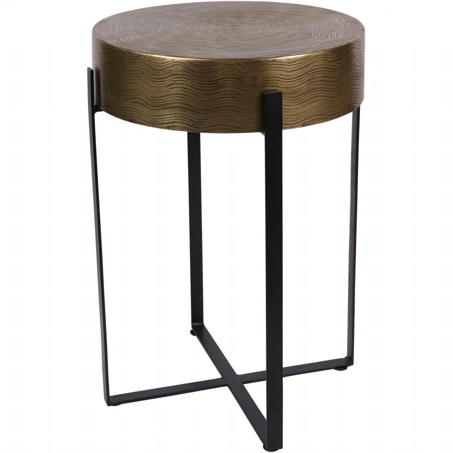 Etched Brass 40cm Round Side Lamp Table on Black Metal Stand