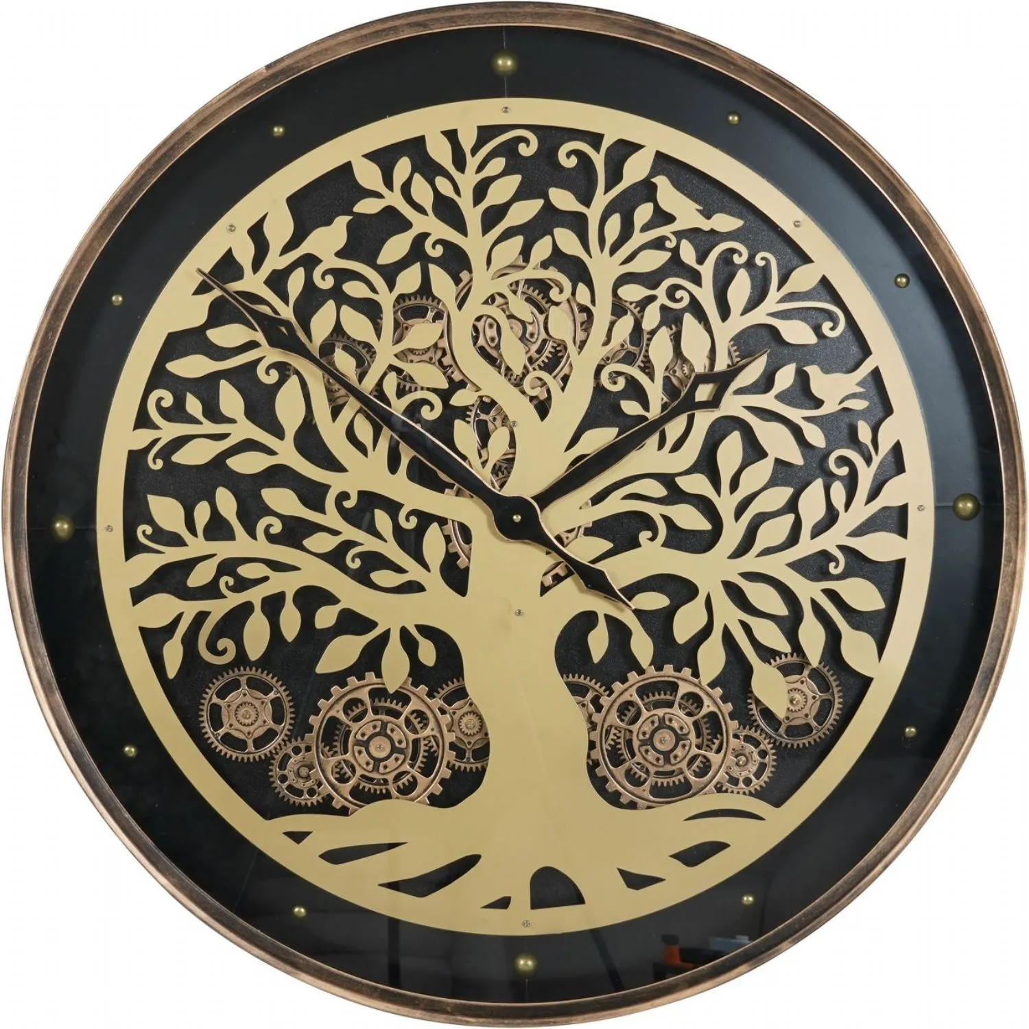 Large Black Metal Wall Clock with Gold Tree Design 80cm