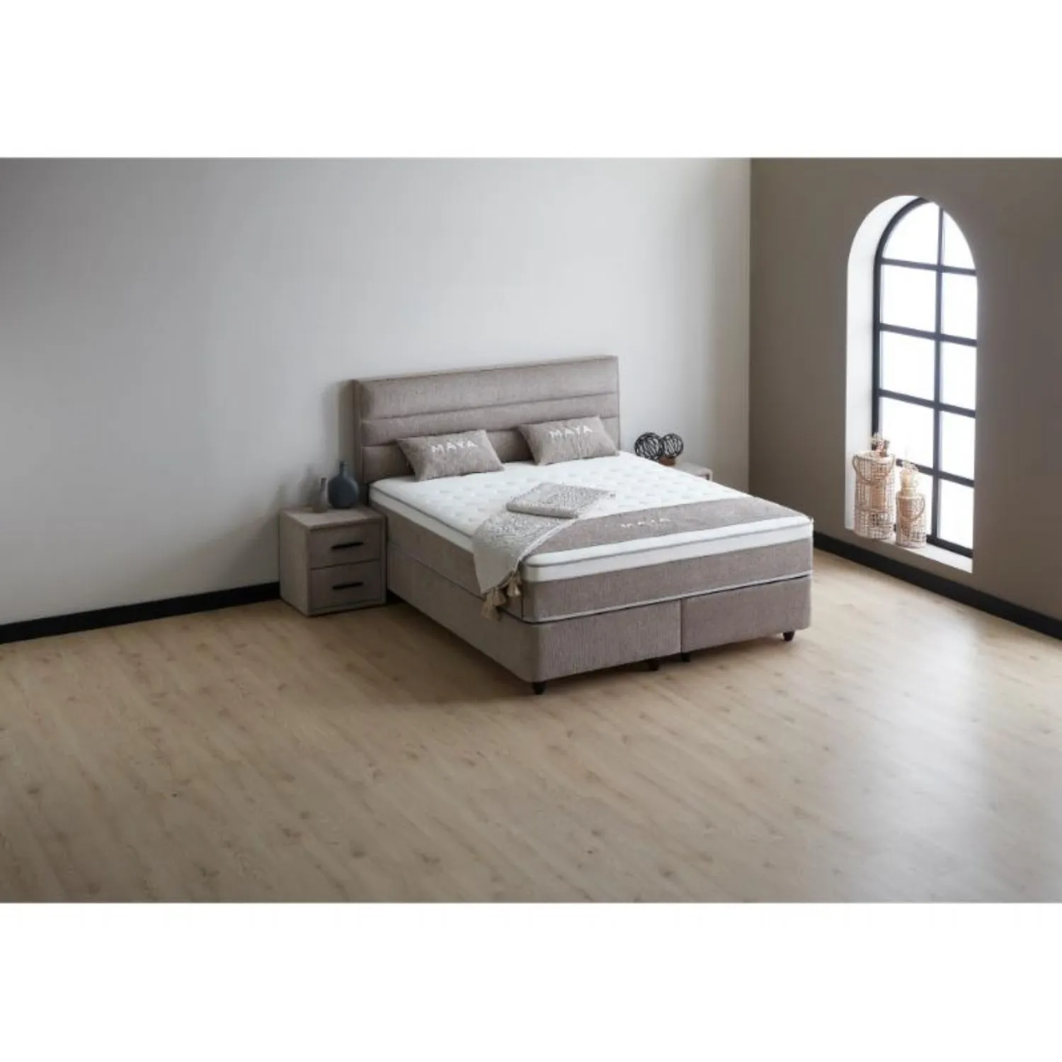 Oatmeal Fabric Double Storage Ottoman Bed