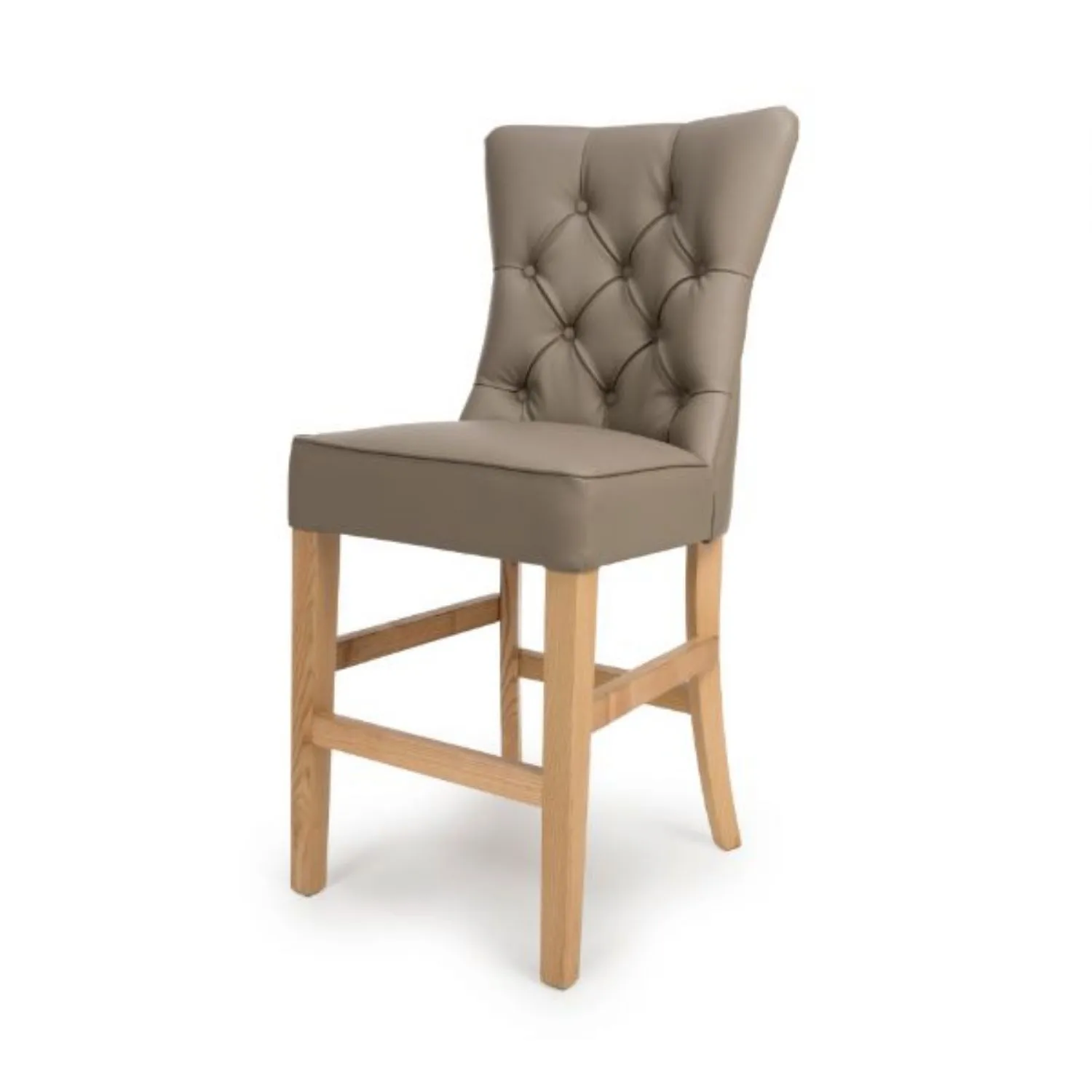 Taupe Leather Buttoned Bar Stool Chair with Oak Legs