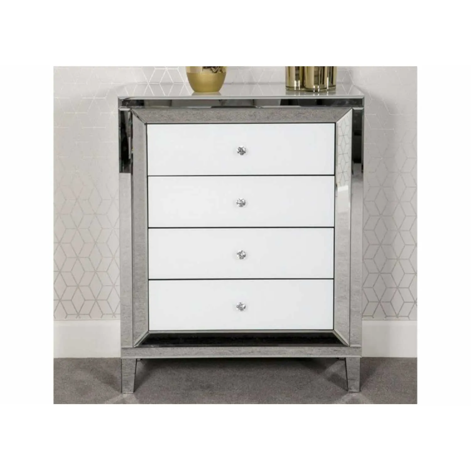 Modern White Bevelled Mirrored Glass Chest of 4 Drawers 100 x 80cm